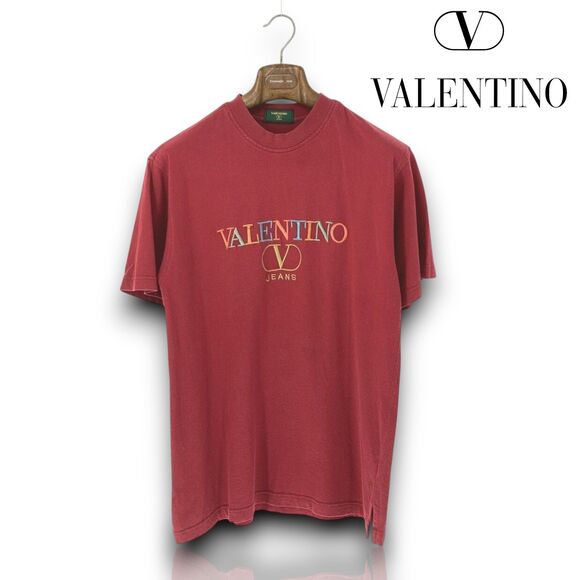 Valentino Jeans Vintage Y2K Red Wash Embroidered Signature Crew T-Shirt, Size M - Picture 1 of 10